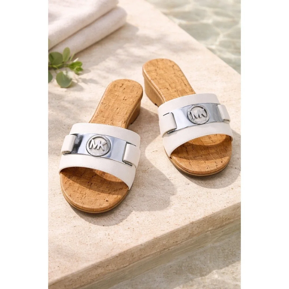 Michael Kors White Leather Cork Wedge Platform Sandals MK Logo Slides size 6